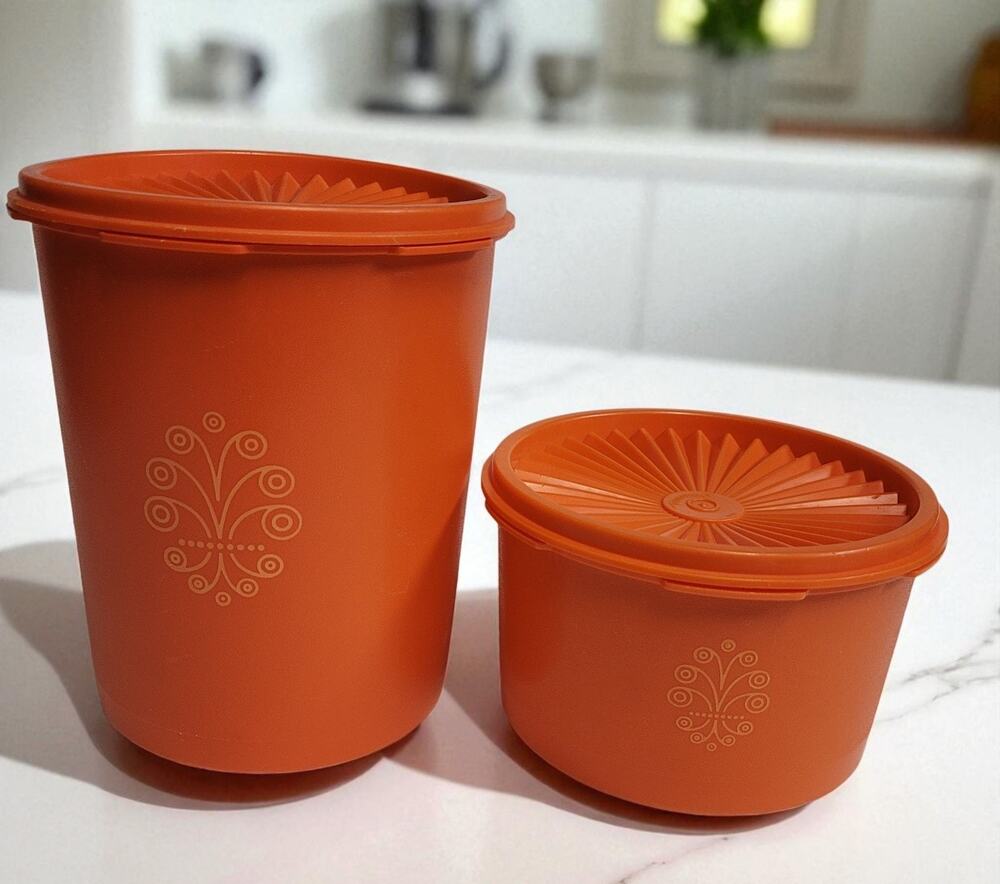 Tupperware Canister Set With Lids Orange Harvest Servalier Vintage Set of 2